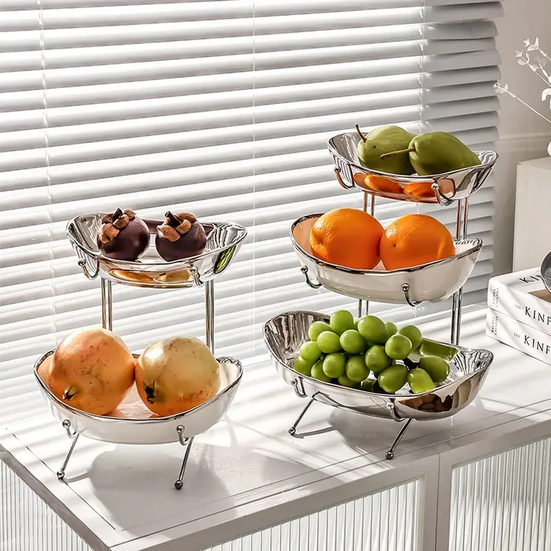 

Silver 3 Layer Ceramic Fruit Plate,3Tier Serving Platter Tray Kitchen,Porcelain Tiered Vegetable Serving Tray Dessert Cake Dish