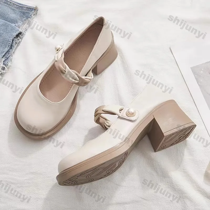 

Mary Jane Women's Shoes 2026 Spring Autumn New Medium Heel Buckle Strap High Heels Fashion Casual Versatile Low Help Pumps