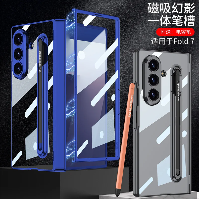 

Чехол для телефона Samsung Z Fold7, магнитный вращающийся вал, слот для ручки с ручкой, гальванический прозрачный защитный чехол с полным покрытием
