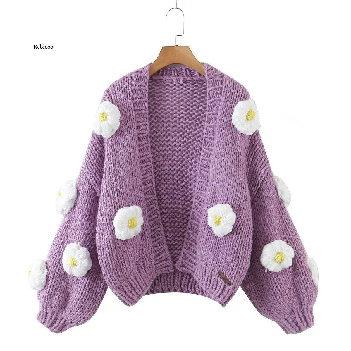 Floral Pink Crop Cardigan Women Knitted Sweater Loose Long Sleeve Autumn Knit Jacket Vintage V Neck Fashion Tops Casual Sweaters