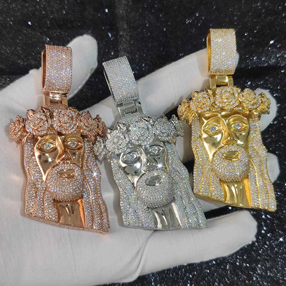 Hip Hop Style Iced Out Diamond Jesus Pendant with Rose Custom Jewelry Gold Silver Plated Jesus Religious Christian Pendant Gift