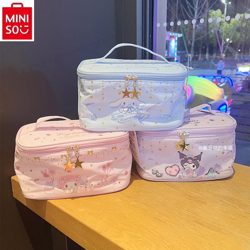 MINISO 2024 New Cute Cartoon Kuromi Portable Large Capacity Portable Makeup Case Women's Sweet Multi functional Storage Bag