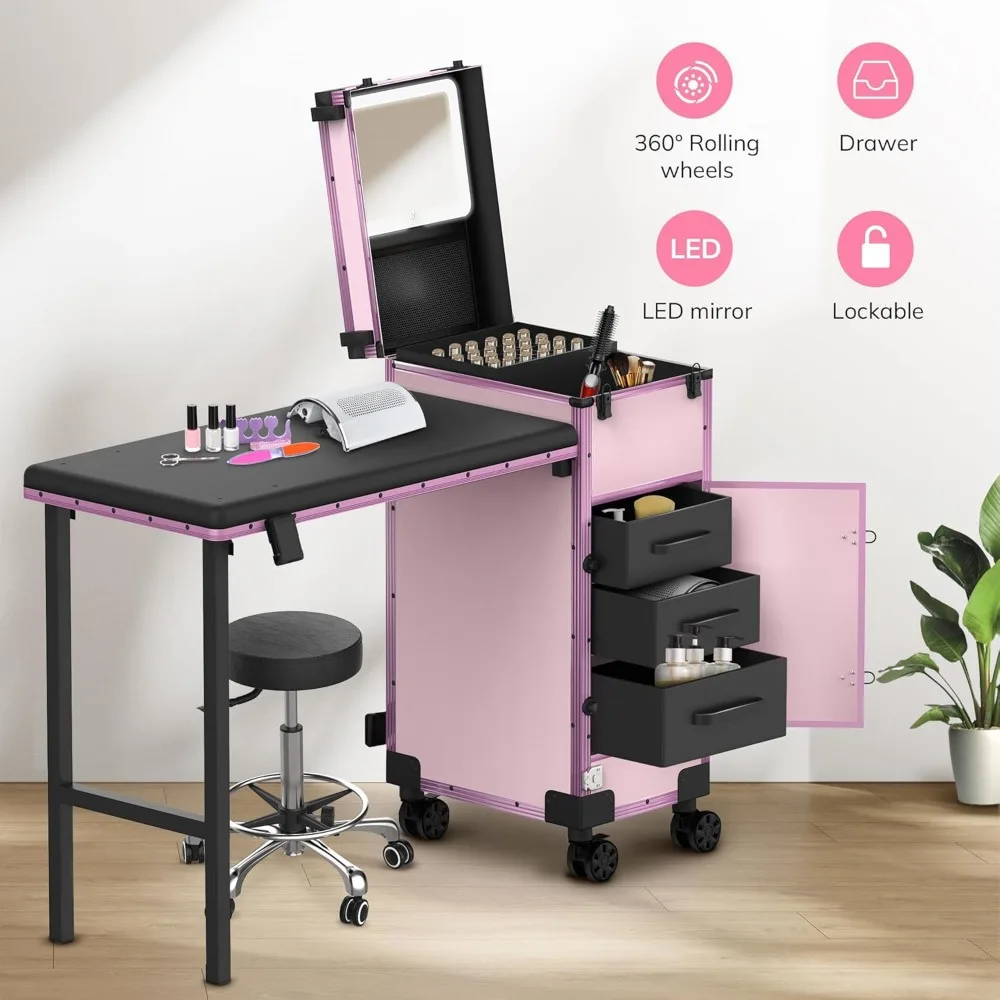 Rolling portable nail table with 3 drawers, mirror and nail polish finisher, lockable cosmetic train box with folding nail table