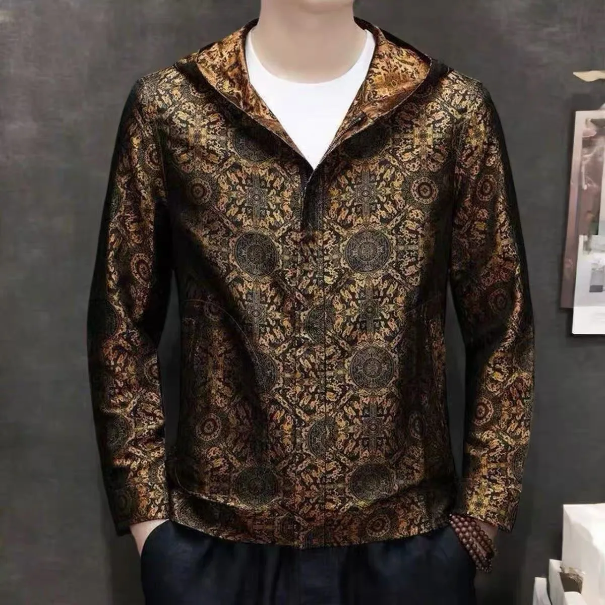 メンズ中国風ジャケットアウター春秋新作カジュアルトップお父さん服長袖幾何学模様若者レジャー