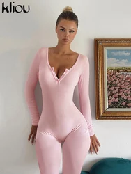 kliou Casual Skinny Women Jumpsuits Fall Concise New Full Sleeve Single Breasted Stretch Overalls Mujer Track Sporty One Piece