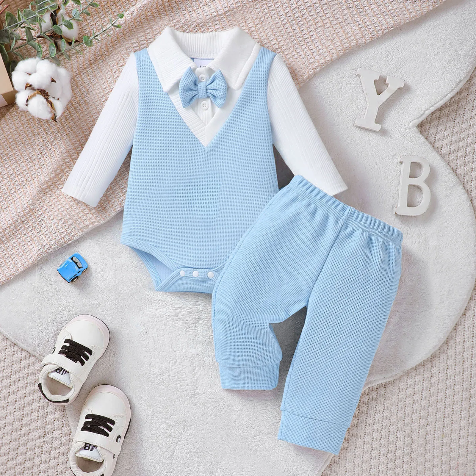 Baby Boy Set Lapel Bow Bodysuit And Solid Color Long Pants 2Pcs/Set Suitable 0-18 Months Toddler Baby Boy Daily Small Gentry Set