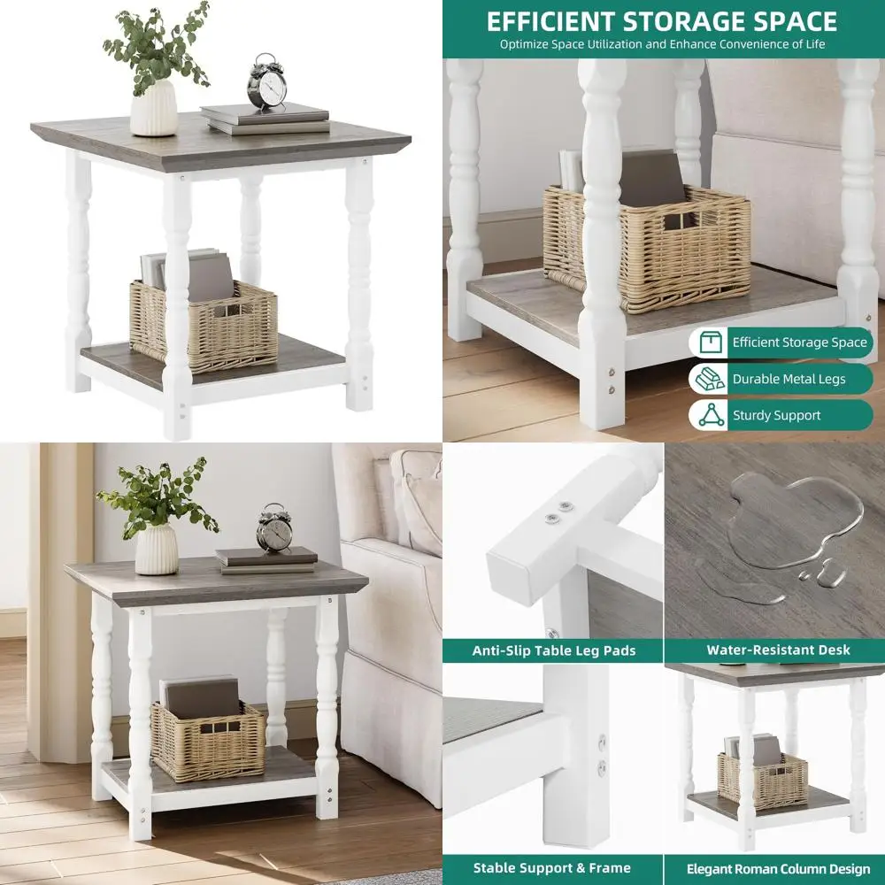 

Двухуровневый торцевой столик в винтажном стиле с напольной полкой, серый акцент песчаника для гостиной и спальни