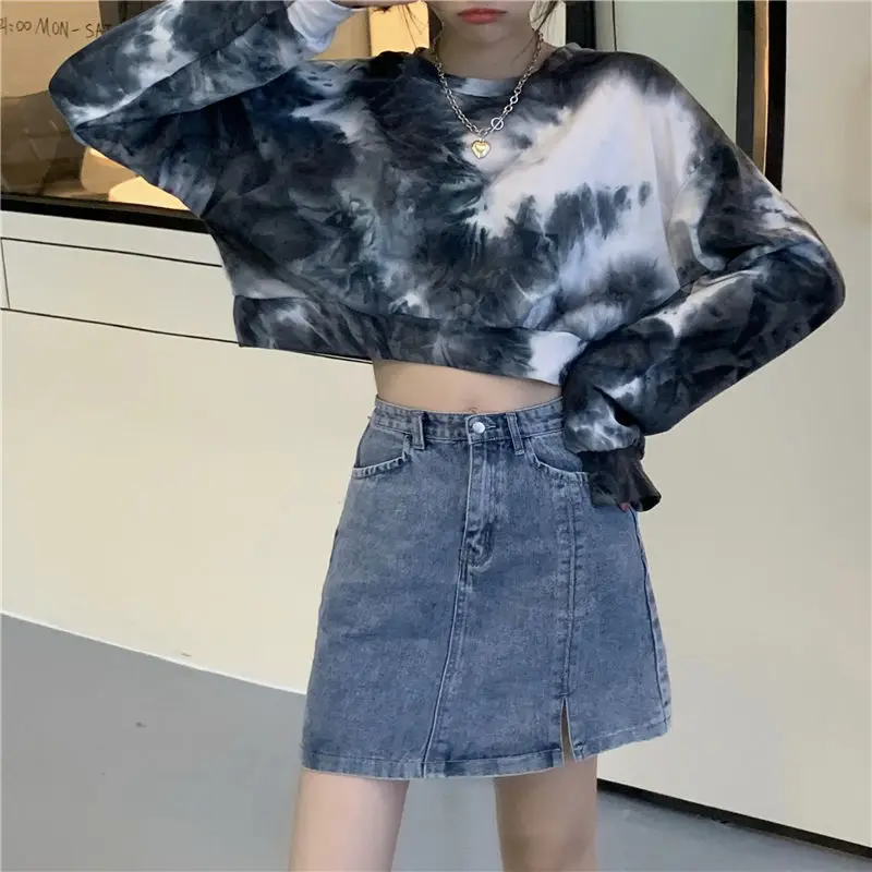 MEXZT Spring Streetwear Women Oversize Loose Pullovers Vintage Y2k Tie Dye Cropp Top Korean Fashion Long Sleeve Sweatshirts New