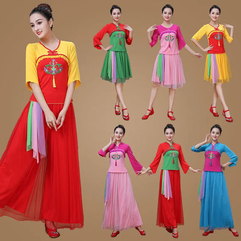 Ethnic Style Square Dance Skirt Summer Gauze Swing Skirt Wide-leg Pants Classical Dance Tops / Skirt Dance Performance Costume