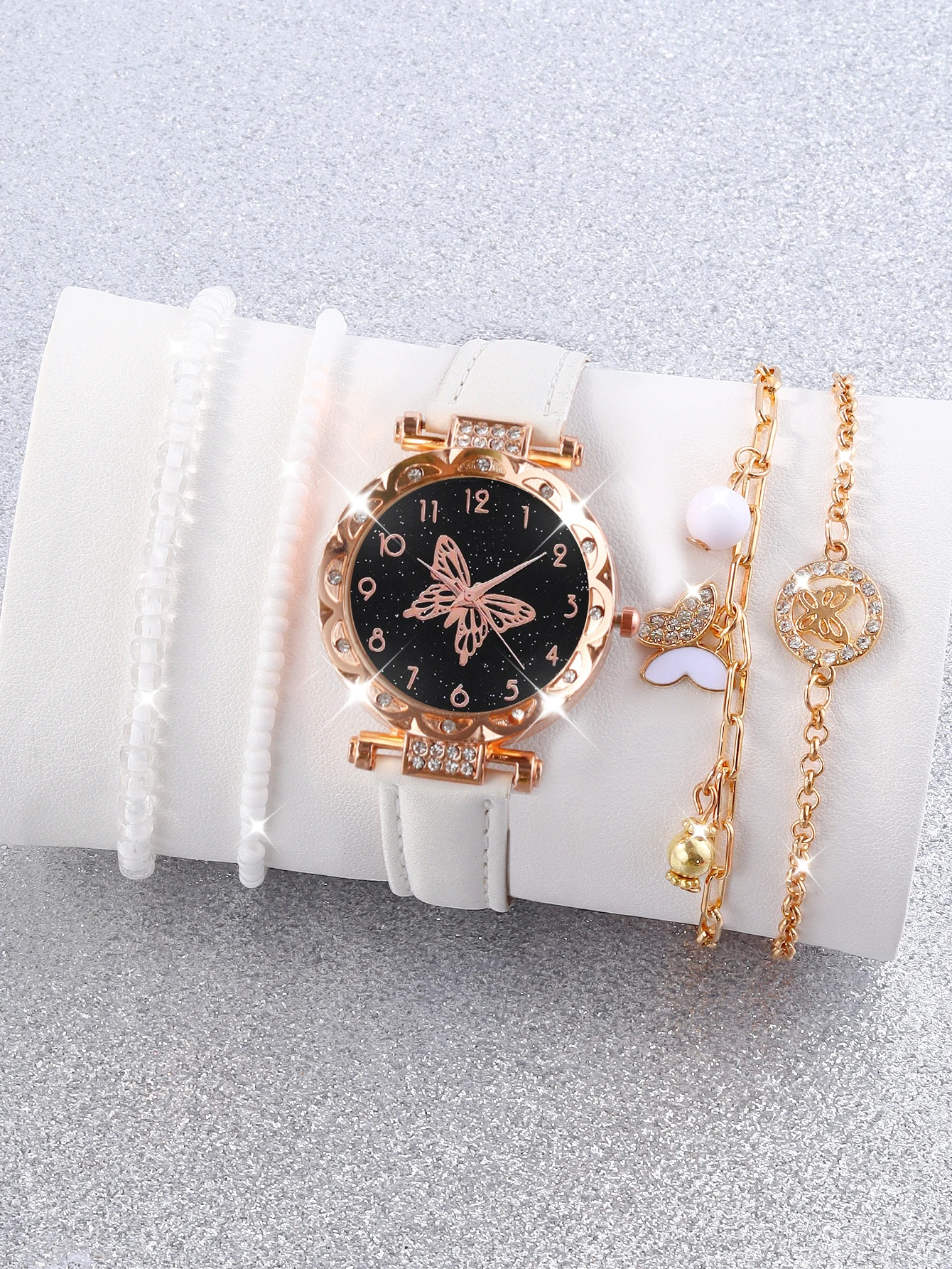 White casual fashion women's PU quartz watch and butterfly beaded alloy bracelet set back to school season wear good gifts