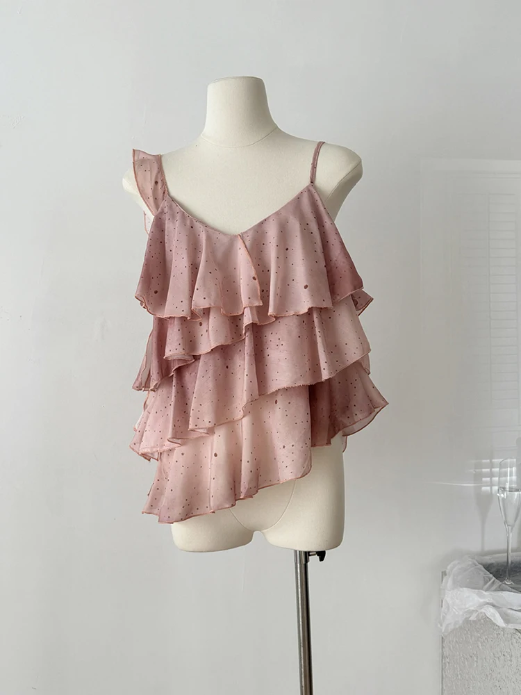 Summer Women Coquette French Vintage Camisole Chiffon Gyaru Tierred Ruffles Halter Top 2000s Aesthetic Mori Girl Solid Color New