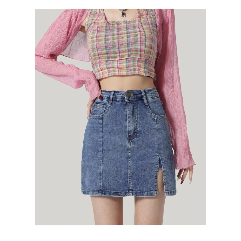 Spring and Summer New High Waist Slim Split Women's A-line Denim Skirt Sehe Fashion