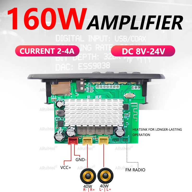 2x80W Bluetooth 5.0 Amplifier Kit with Black Case & Remote DC 8-24V for Car Home FiiO, Valeton GP-200, Ampero II, Powerful Audio