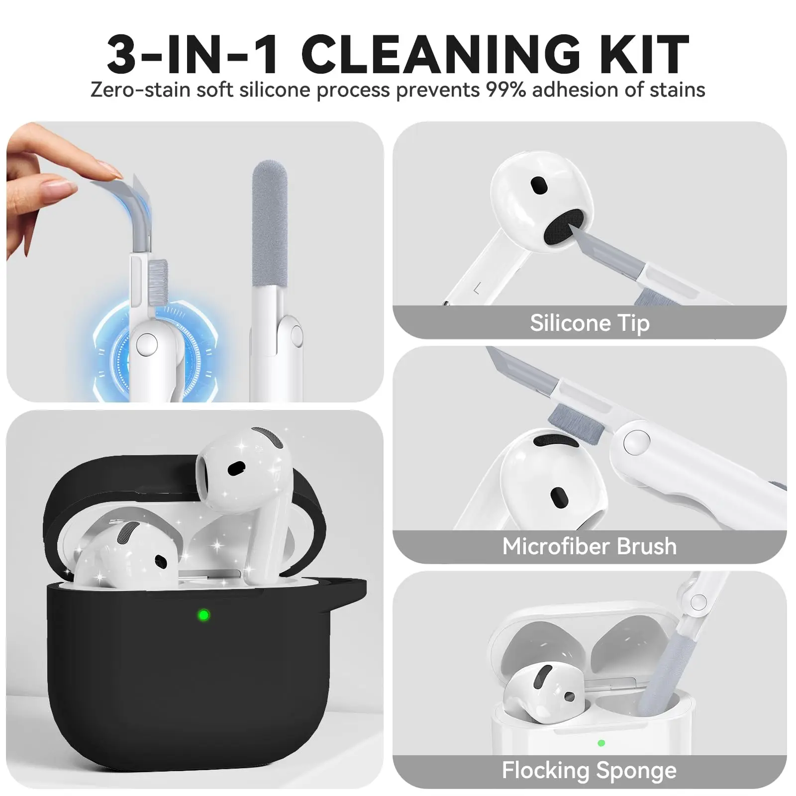 AirPods 4 케이스 소프트 실리콘 드롭 보호 Airpods 4 세대 2024 용 스크래치 방지 케이스 커버 (클리너 키트 키 체인 포함)