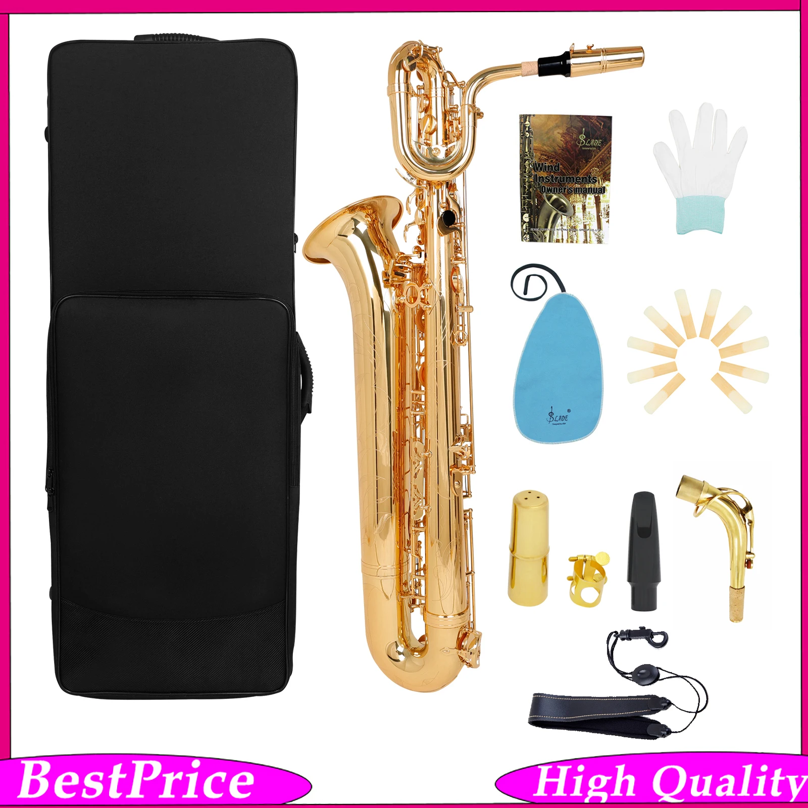 SLADE Eb Baritone Saxophone Brass Tube Body White Shell Keys Gold Lacquer Complete Wind Instrument Kit for Saxophone Lovers