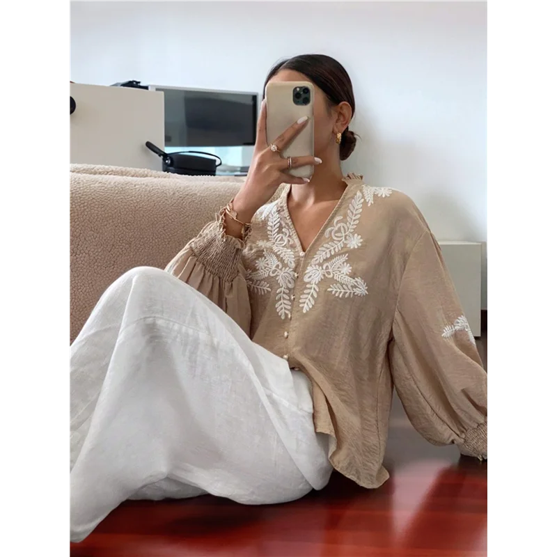

AOAO-Women's Embroidered Linen Shirts Button Up Sleeve V Neck Boho Blouse