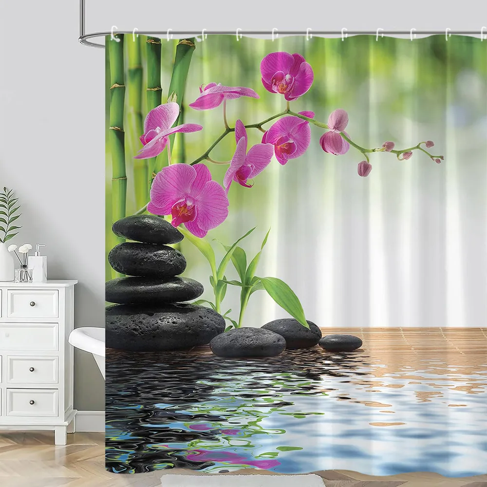 Zen Stone Shower Curtain Lotus Green Bamboo Landscape Botanical Spa Candle Flower River Polyester Fabric Bathroom Decor Curtains