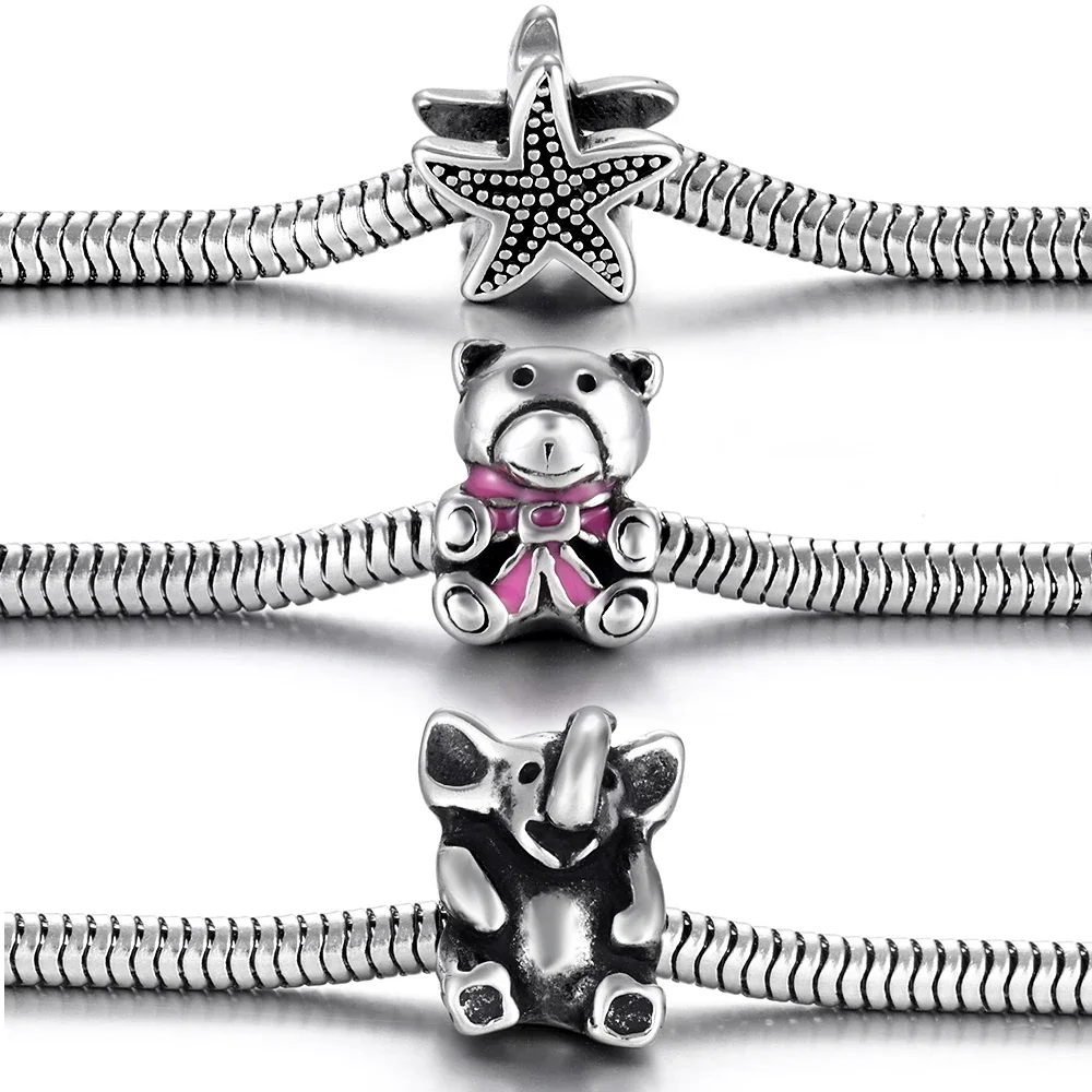 Stainless Steel 5mm Hole Slider Animal Beads Charms Fit Snake Chain for Pando Women Bracelet Jewelry Making Accessories