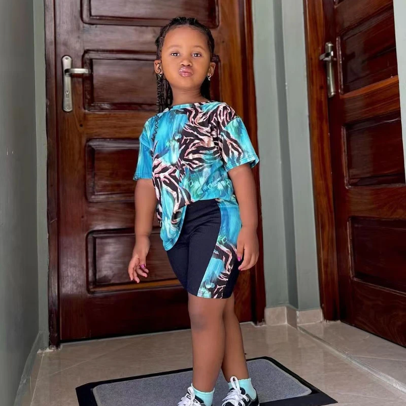 2024 Summer Toddler Girls Clothes 2pcs/set Short Sleeve Blue T-shirt+Patchwork Short Pants Kids Baby Casual Clothing Outfits