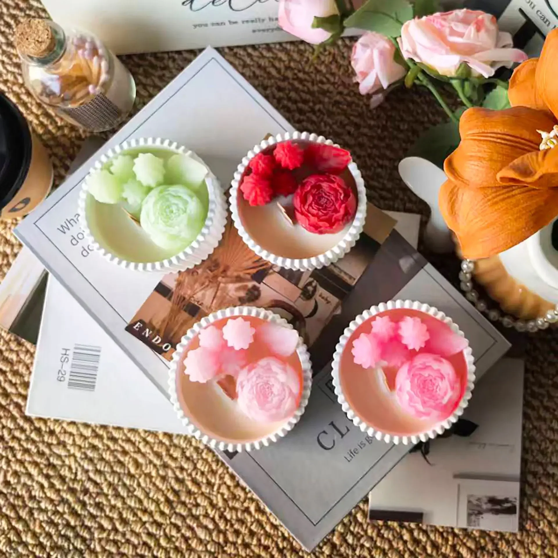 2pcs Floral Rose Cup Scented Candle, Ceramic Jar Aroma Wax Bedroom Decor Birthday Wedding Holiday Souvenir Gift