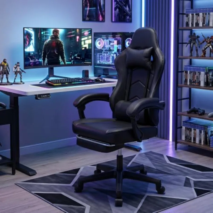 Ergonomic Gaming Chair with Footrest, Lumbar Support, Pure Black Reclining Computer Desk Chair, High Back Gamer Chair, Headrest