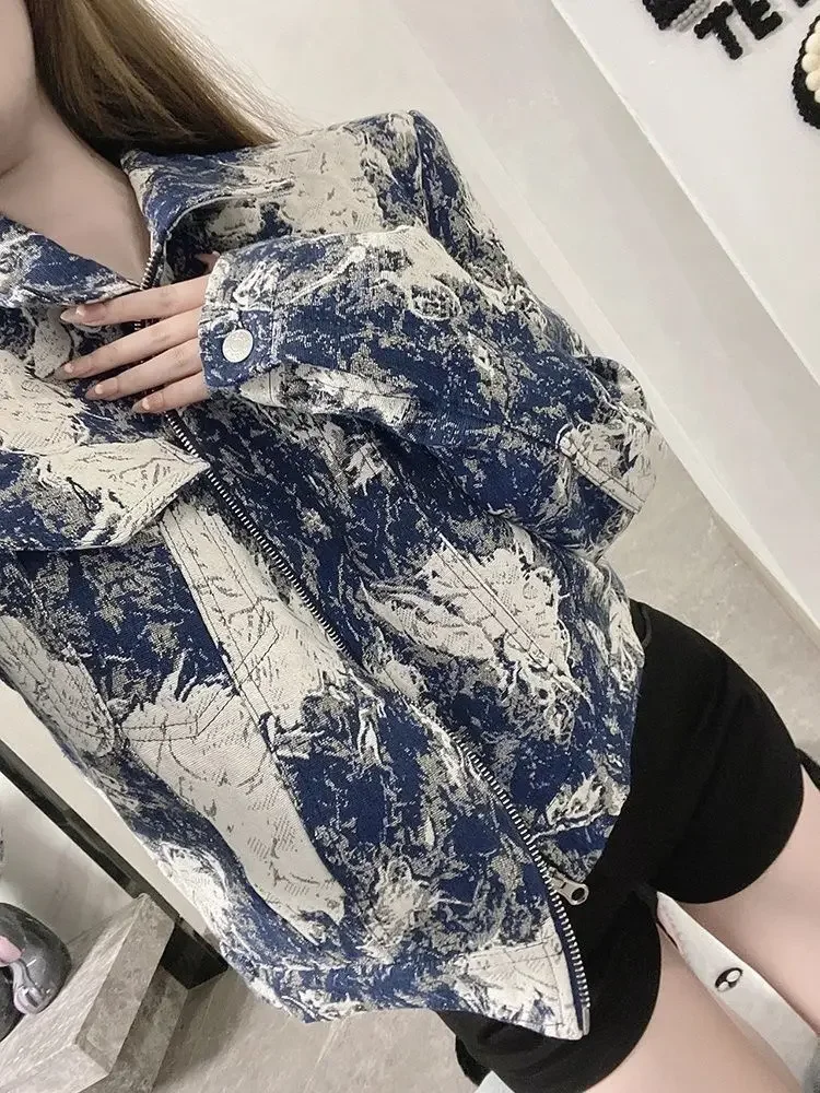 Hikigawa Autumn Vintage Long Sleeve All Match Women Jackets Elegant Tie Dye Thin Slim Turn Down Collar Zipper Outerwear Tops