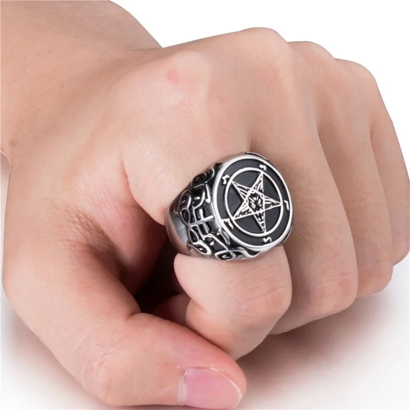 New Man Ring Pentagram Baphomet Goat Sulfur Leviathan Cross Satan Devil Symbol Ring Jewelry  Wholesale