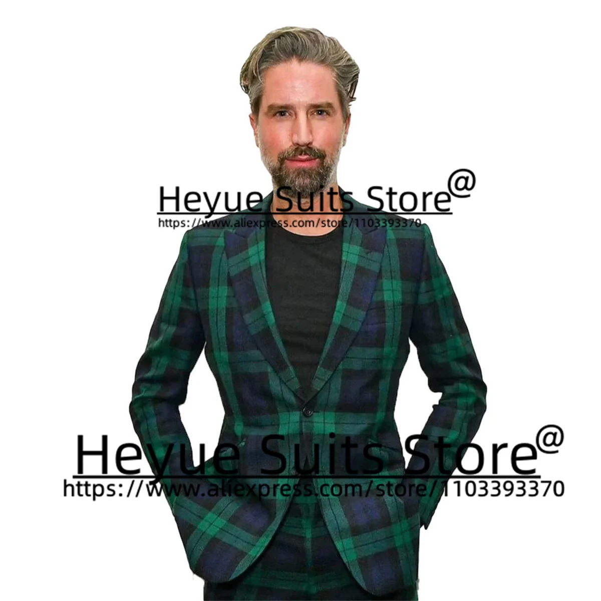 Elegant Green Plaid Classic Men Suits Slim Fit Peak Lapel Groom Formal Tuxedos 2 Pieces Sets Casual Male Blazer Costume Homme