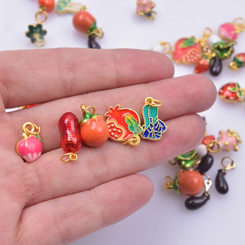 9pcs Ladies Vegetables Fruits Strawberries Eggplants Pomegranates Cabbage Alloy Drip Oil Pendant Necklace 3D Jewelry Decorations