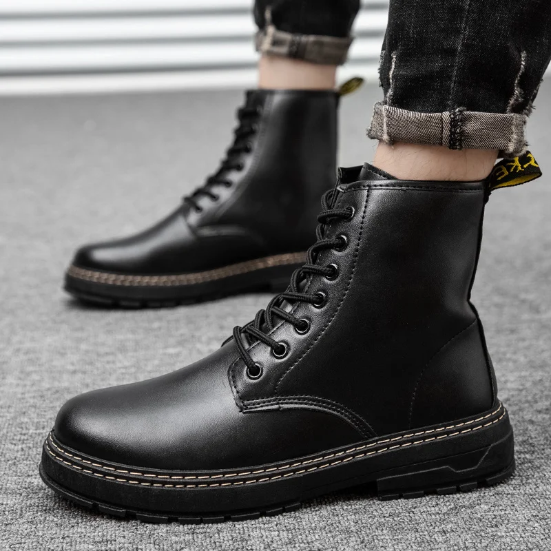 High Top Boots Men\'s Leather Shoes Fashion Motorcycle Ankle Boots for Men Winter Boots Man Shoes Lace-Up Botas Hombre