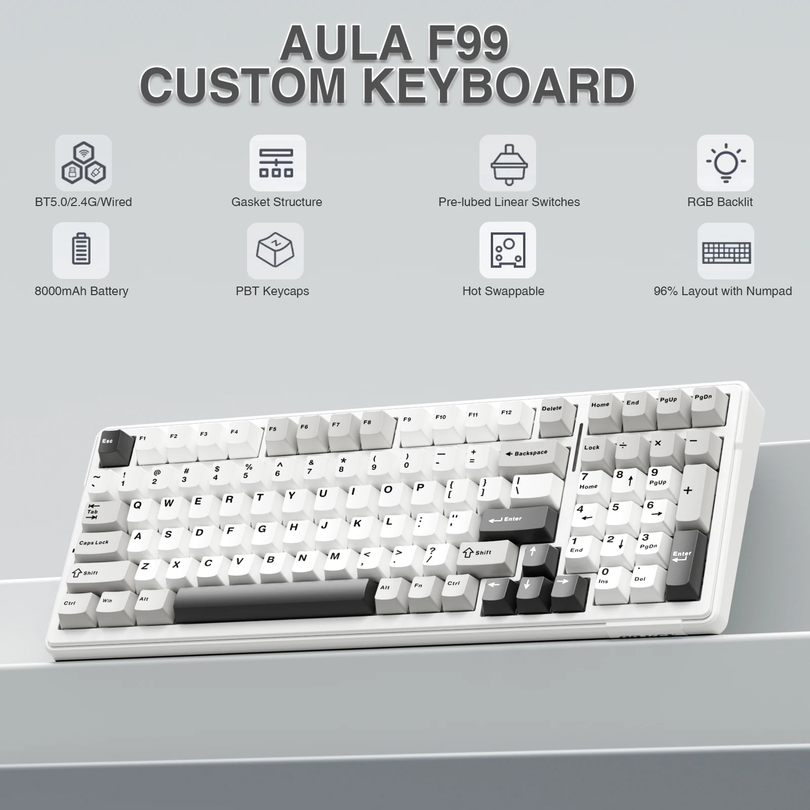 AULA F99 Gasket-mounted Gaming Keyboard 99 Keys Hot Swap Customizable Bluetooth 5.0/2.4G Wireless/Wired RGB Machanical Keyboard