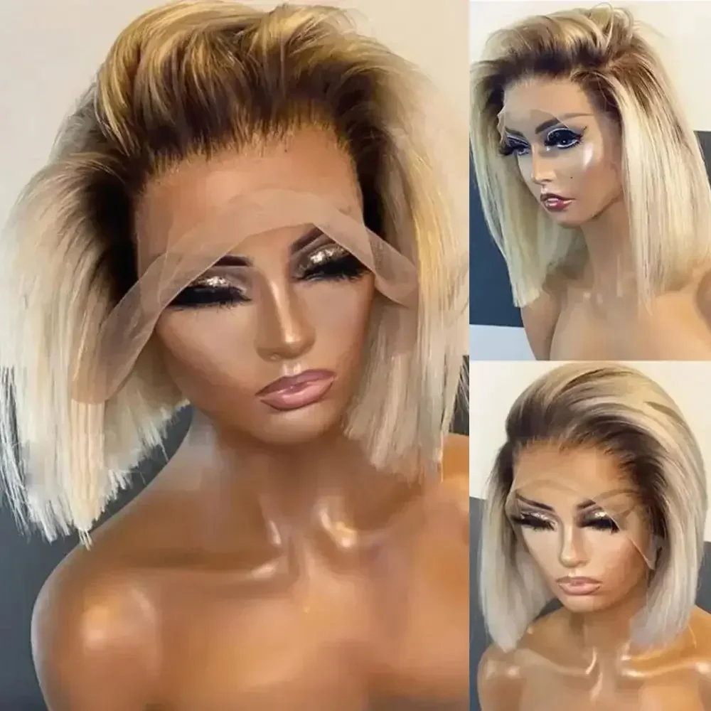 

Светло-русый парик с коричневыми корнями, короткий боб, парик с кружевной передней частью 13x4, прямые парики с кружевной передней частью из натуральных волос для женщин, плотность 200%