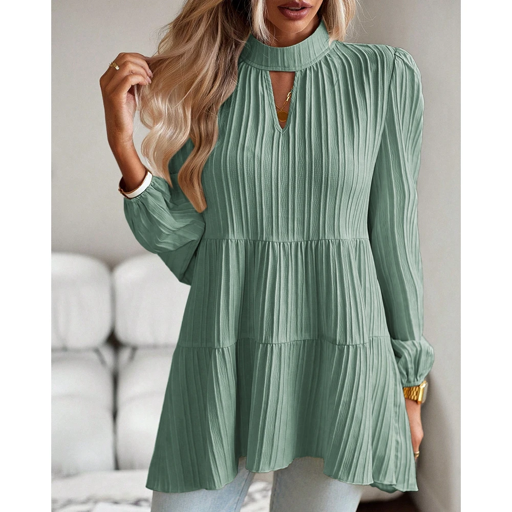 2024 Spring Women Ribbed Ruched Fold Round Neck Cut out Lantern Sleeve Blouse Fashion Femme Casual Solid Elegant Top Streetwear