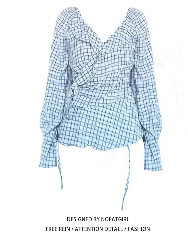 

Весна 2026: Модная женская рубашка больших размеров с V-образным вырезом, завязками на талии, в клетку, с длинным рукавом, приталенная, в корейском стиле, для повседневной носки