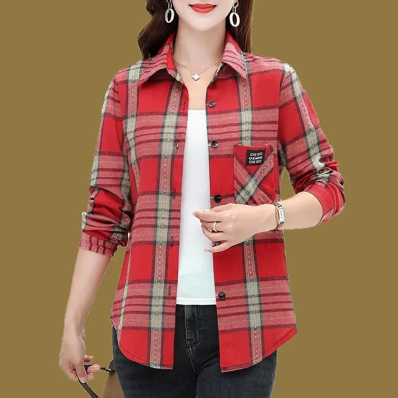 Women\'s Spring and Autumn Fashion POLO Collar Plaid Button Pocket Casual Versatile Long Sleeve Slim Fit Mid Length Shirt Tops