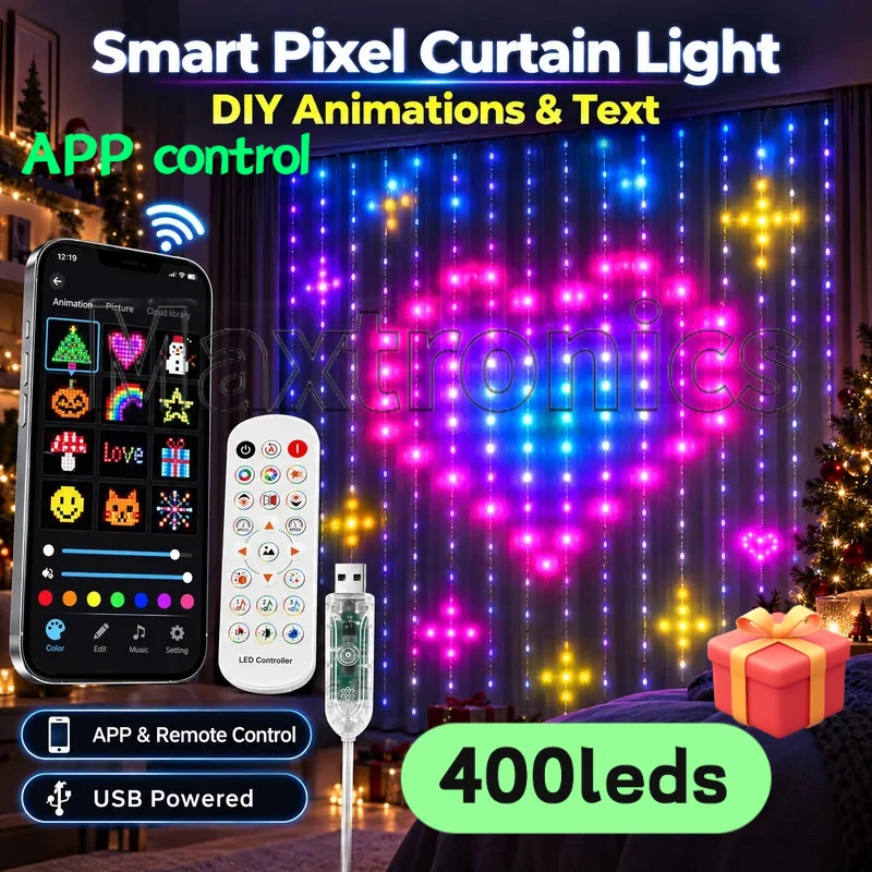 400LEDS Smart LED Curtain Lights Sting APP USB 5V DIY Text Pattern Display for Room Outdoor Garden Christmas Decor Fairy Lamps