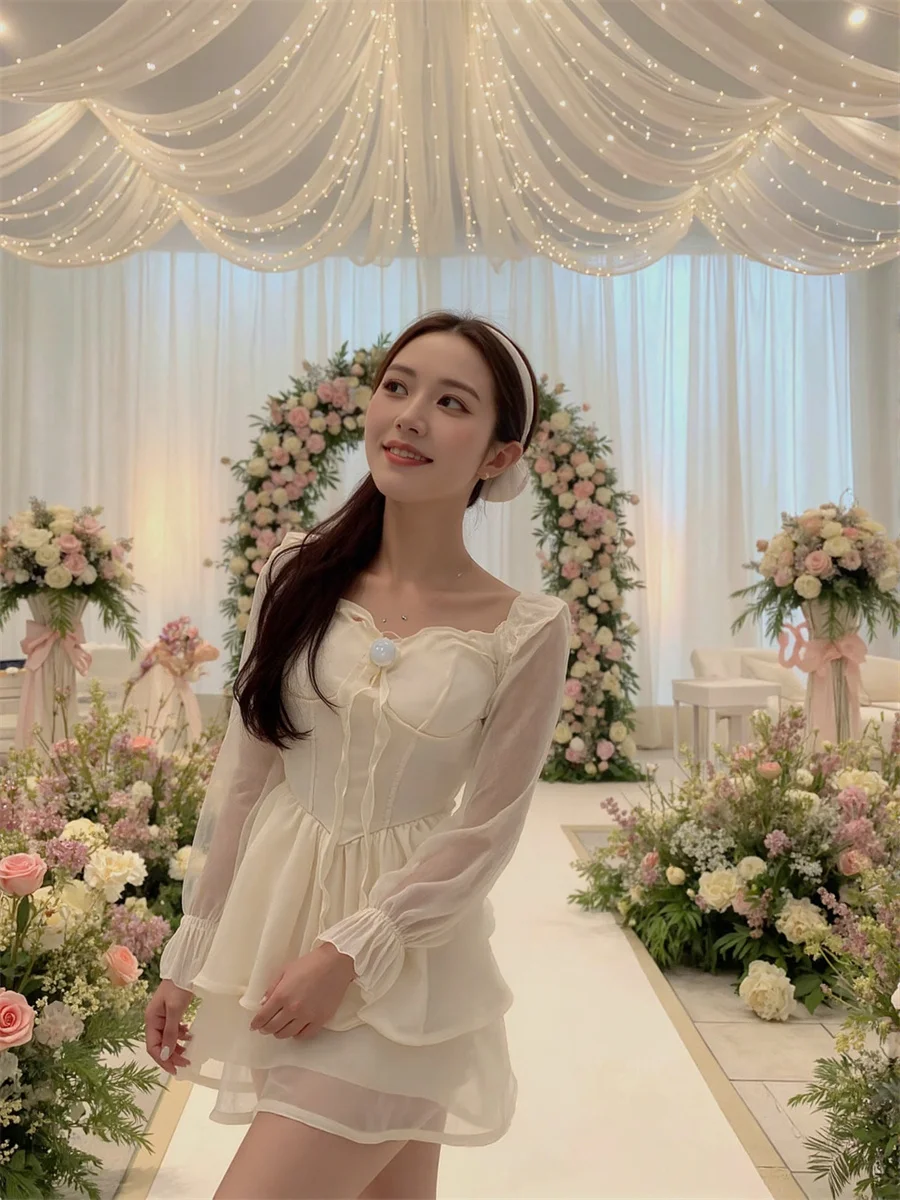 Dames Witte Jurken Voor Dames Gedrapeerde Ruches Herfst Slim-Fit Halve Mouw Bloemen Elegant Doorschijnend V-hals Comfortabel Col Gesplitst