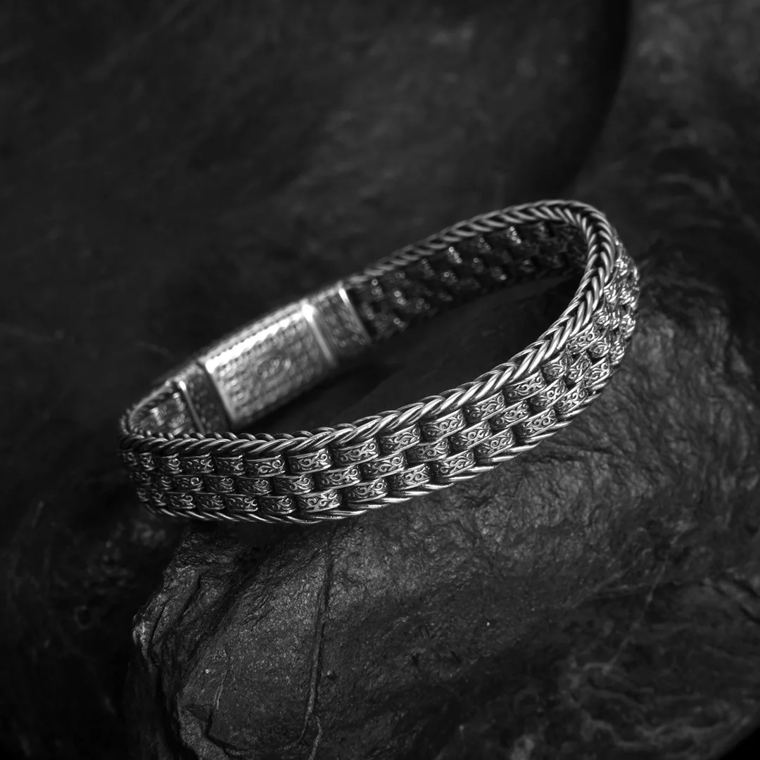 QN Silver Color Hand-woven Men\'s Bracelets for Lucky and Treasure  Retro Craft Bracelet for Women Fashion Jewelry