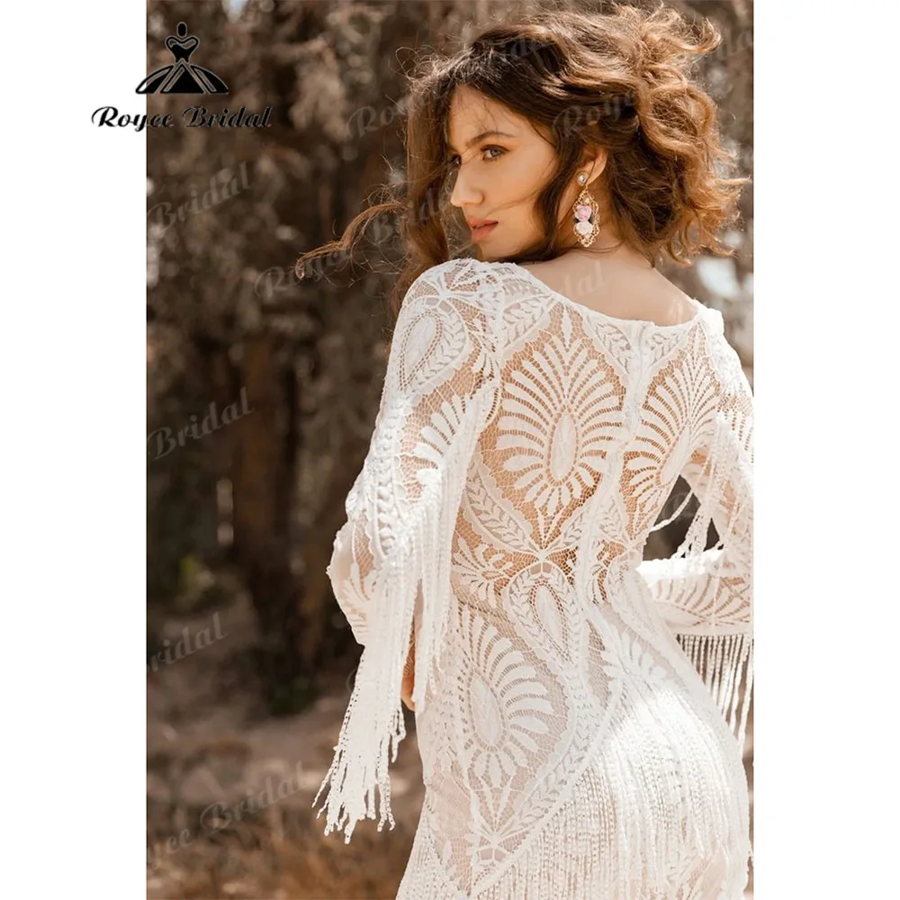 Romantico nappe pizzo Boho bohémien manica lunga sirena abito da sposa 2023 abiti da sposa su misura vestido noiva boho chic Sexy