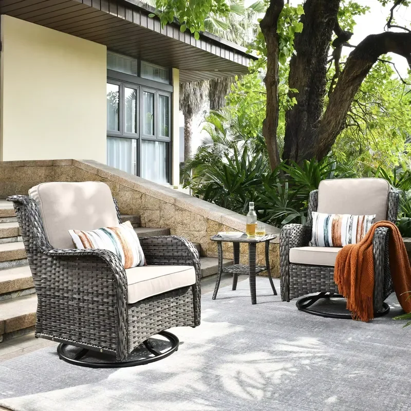 Wholesale Modern 3 Pieces Garden Patio Outdoor Furniture Sofa Swivel Function Artificial Rattan Accent Chair Glass and Table