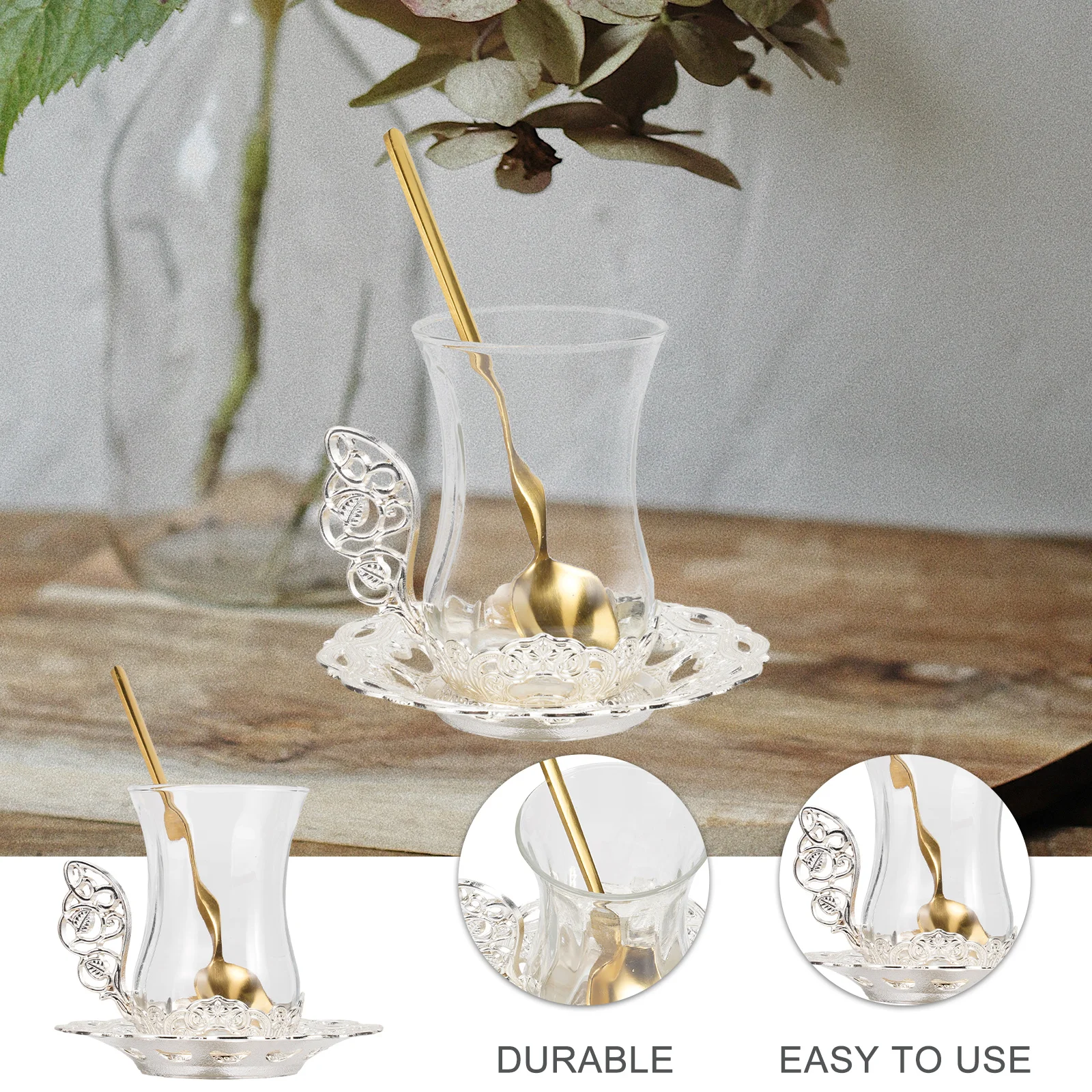 

1Set Glass Coffee Cup Set Stylish Elegant Teacup with Saucer Spoon Multi-Use for Home Office Cafe Glass Coffee Cup