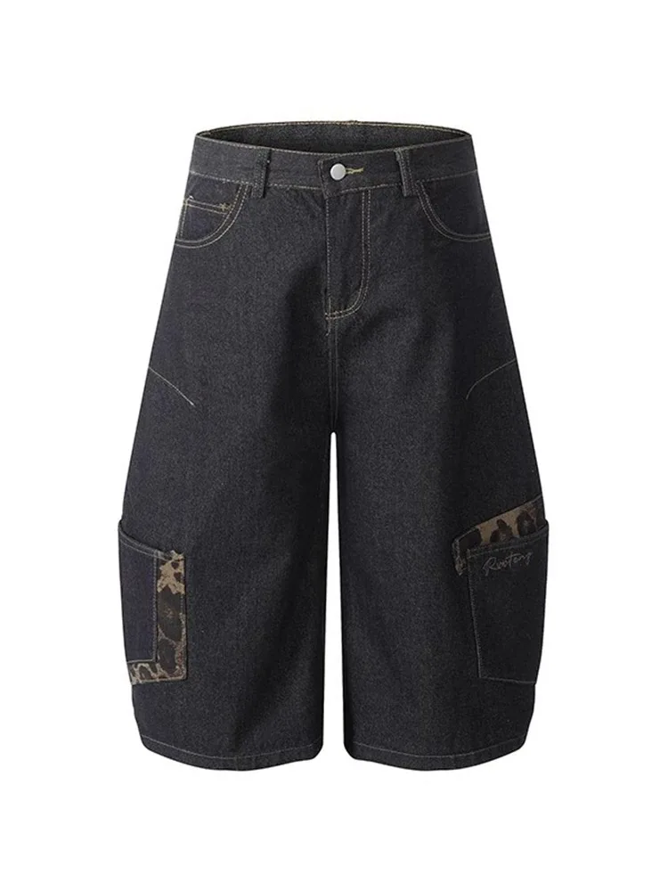 

American retro leopard print patchwork workwear, curved knife denim shorts, women's summer loose wide leg cropped pants
