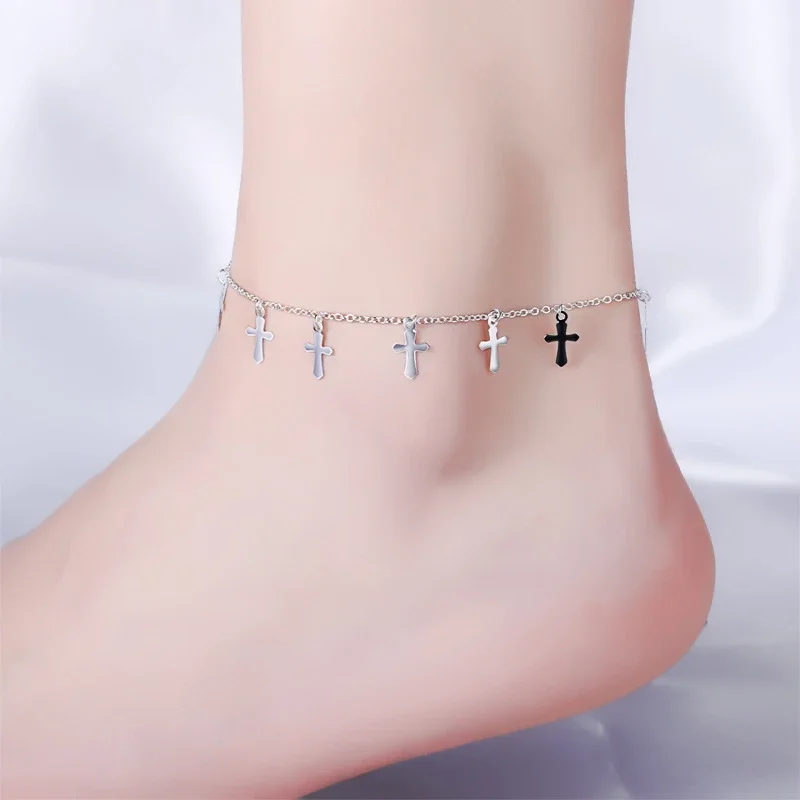 Minimalist Cross Pendant Anklet Unique 925 Sterling Plated Anklets Ankle Bracelet Foot Jewelry Summer Body Beach