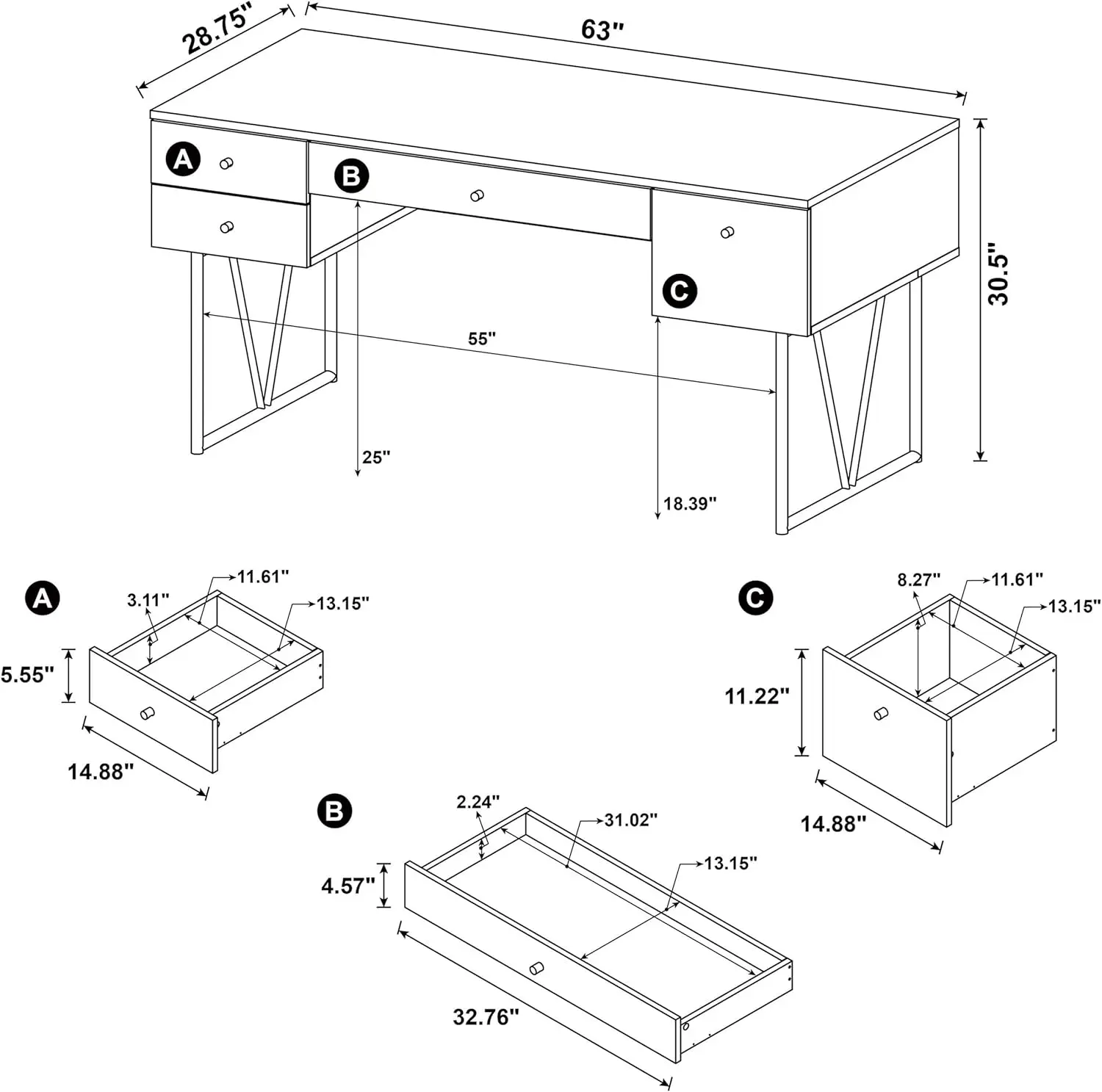 Posavasos muebles para el hogar analésio rústico de 63 pulgadas, 4 cajones, ordenador de oficina en casa, escritorio de escritura, mesa de estudio con almacenamiento diseñado