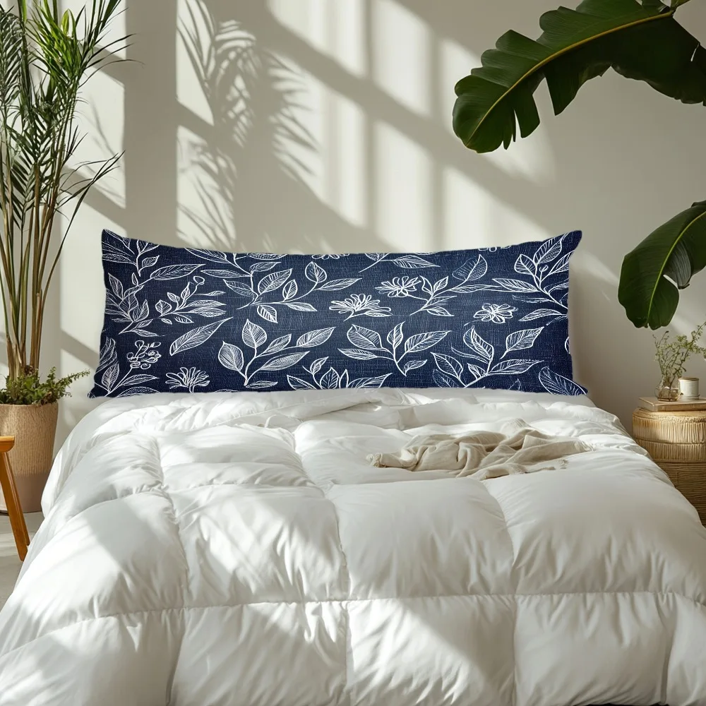 An Elegant Navy Blue Floral Printed Long Pillowcase - 20*54 Inches / 50×137 Cm - Made of 100% Polyester, Featuring a Zipper Clos