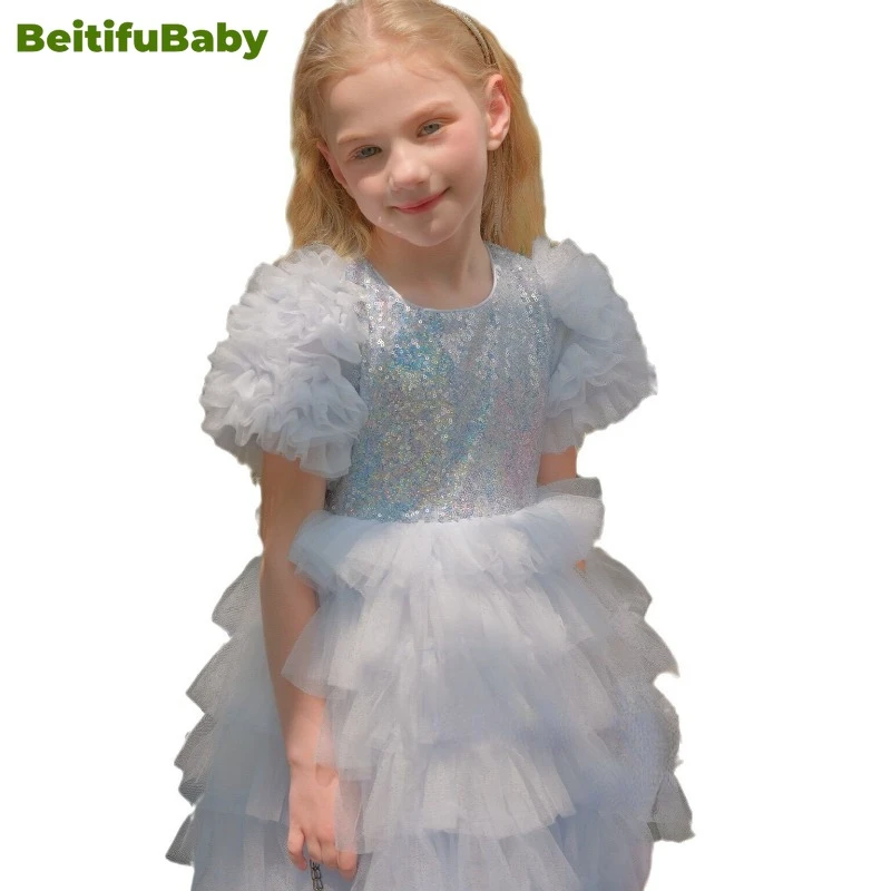 BeitifuBaby-vestido de festa infantil, estilo princesa, manga curta, top de lantejoulas, saia com renda, vestido de baile, vestido de flores, 2022