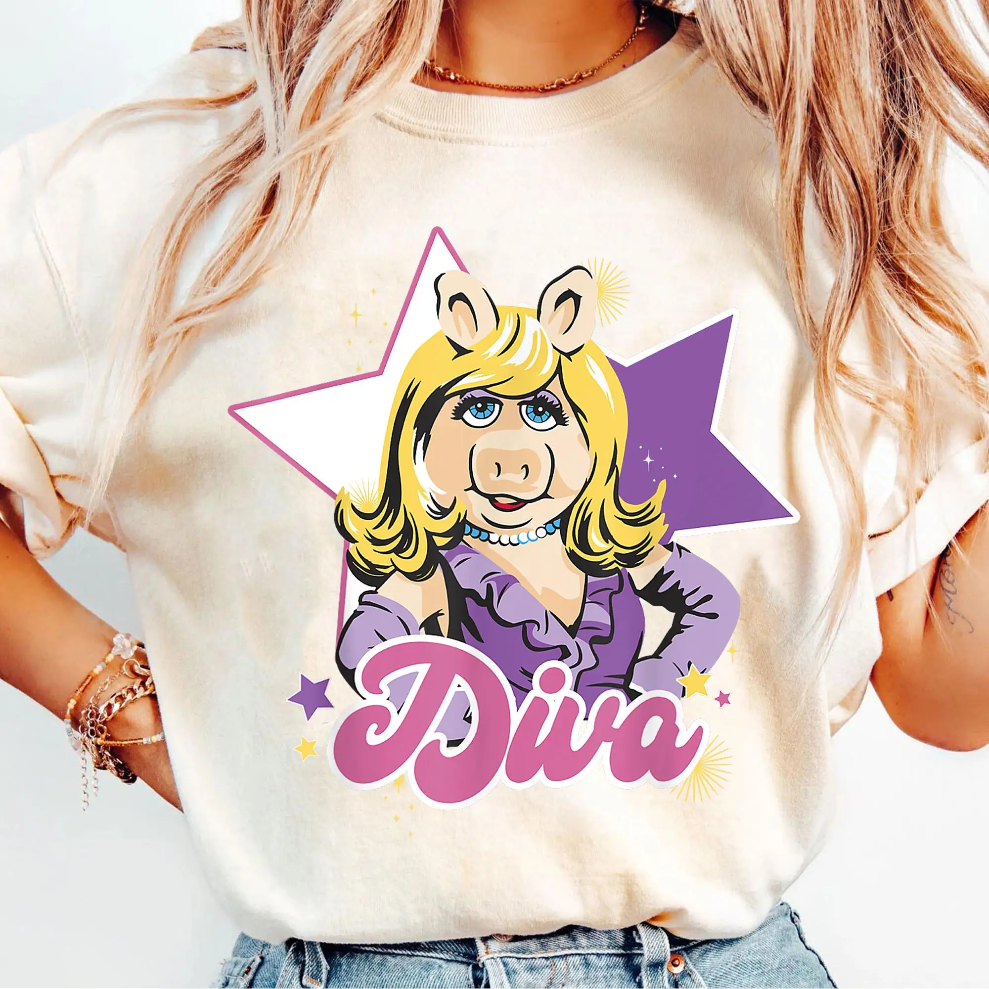 

Женская винтажная футболка Disneyland Miss Piggy, хлопковая уличная одежда унисекс с короткими рукавами, свободная повседневная стильная одежда большого размера