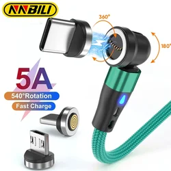 NNBILI 5A Magnetic Cable 540 Rotate Fast Charging Magnetic USB Type C Cable For iPhone 14 Samsung Xiaomi Realme Mobile Phone Cab