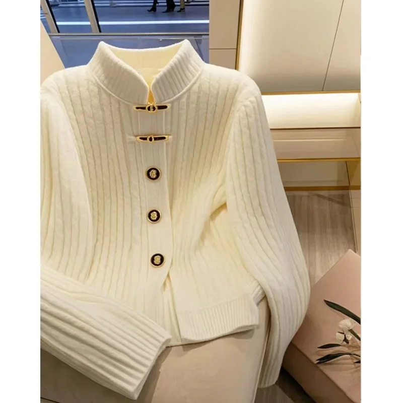 Female Clothing Solid Loose Warm Sweaters Autumn Winter Thick Chic Button Knitted Cardigan Fashion Vintage Commute Tops