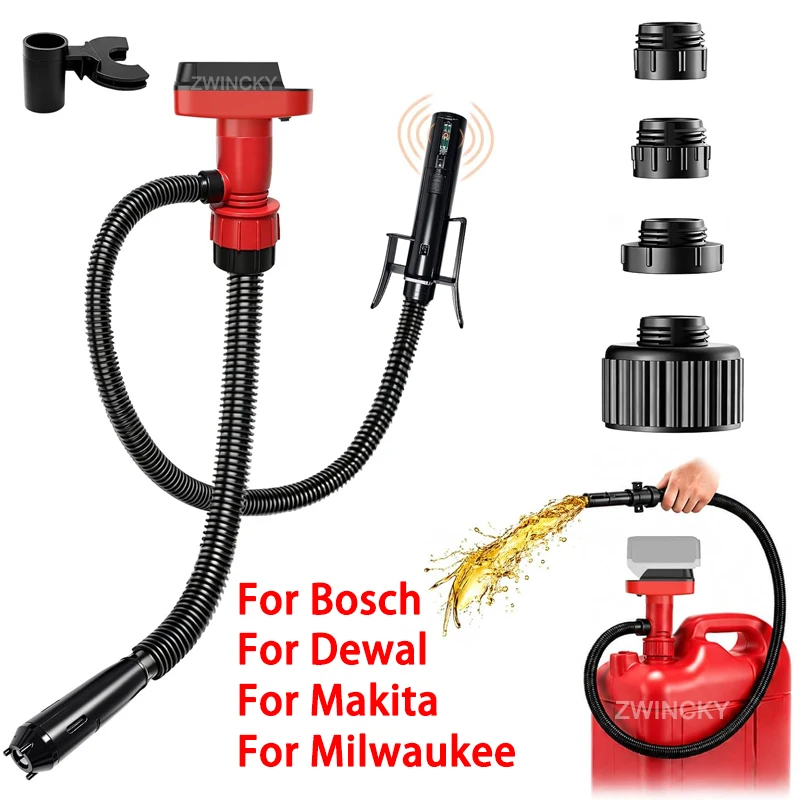 5GPM Cordless Fuel Transfer Pump for Makita/Dewal/Milwaukee/Bosch 18V Lithium Battery with 5 Snap Clips Auto Shut-Off Sensor